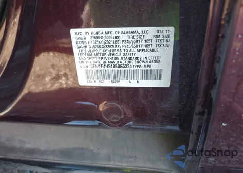 2011 Honda Pilot Ex-L from USA, damaged, VIN 5FNYF4H54BB065334